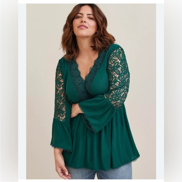 torrid Tops - Torrid Green Lace Sleeve Blouse